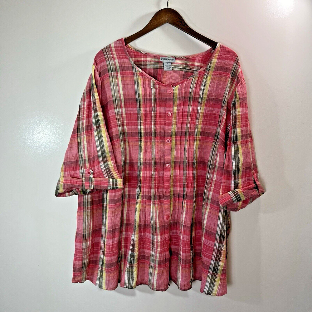 Catherine’s Women’s Plaid Blouse Size 3X Pink Multicolor Tab‎ Sleeves Sheer Airy